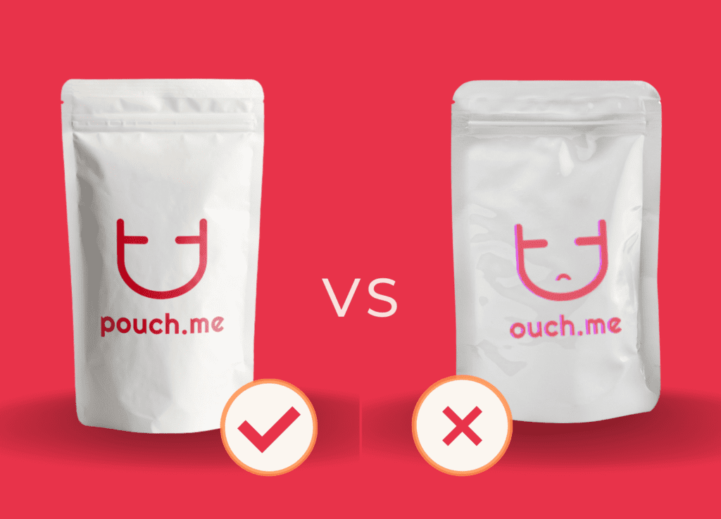 Comparison shot of two stand-up pouches; correctly printed label versus with typographical errors.