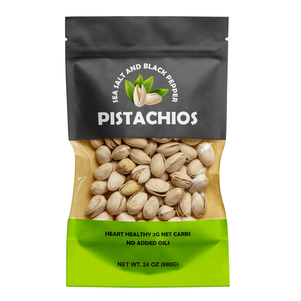 custom printed pouch with pistachios showing through a clear window front panel